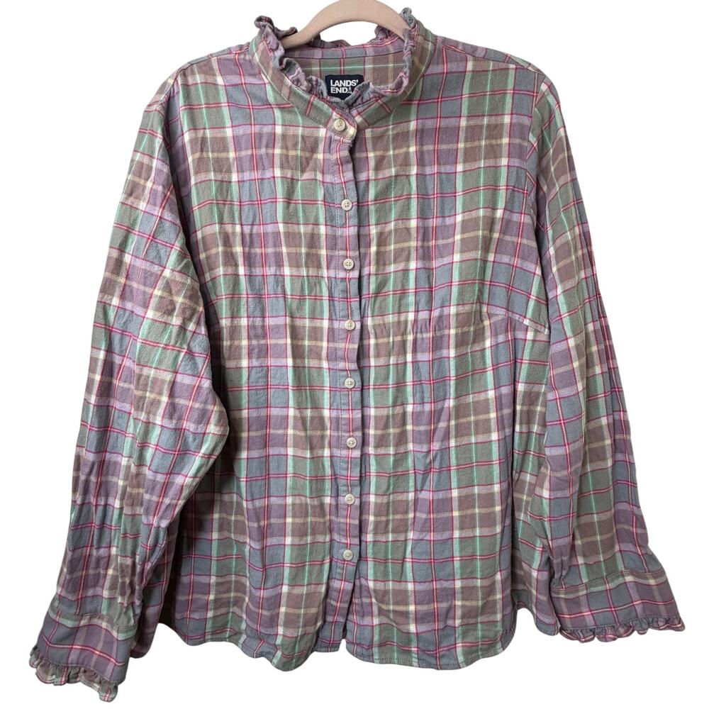3X Lands End Flannel Shirt Pink Purple Ruffle Plus Size Grunge Comfy Plaid Girly